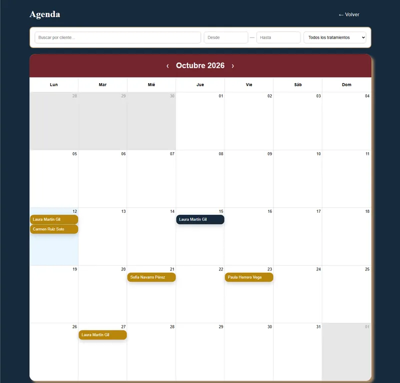 Agenda mensual de FlowDesk con las citas de octubre en el calendario y filtros por cliente, fechas y tratamiento