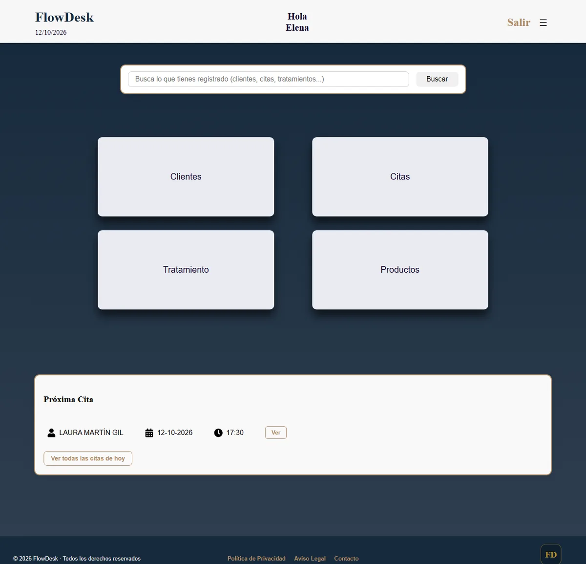 Pantalla de inicio de FlowDesk en el ordenador, con el buscador, los accesos a Clientes, Citas, Tratamiento y Productos y el aviso de la próxima cita