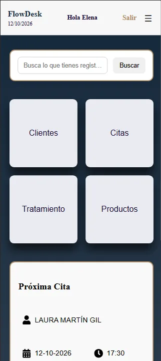 Pantalla de inicio de FlowDesk en el móvil, con el buscador y los accesos a Clientes, Citas, Tratamiento y Productos